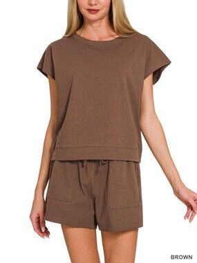 B27 Premium Cotton Top & Shorts Set Brown NEW